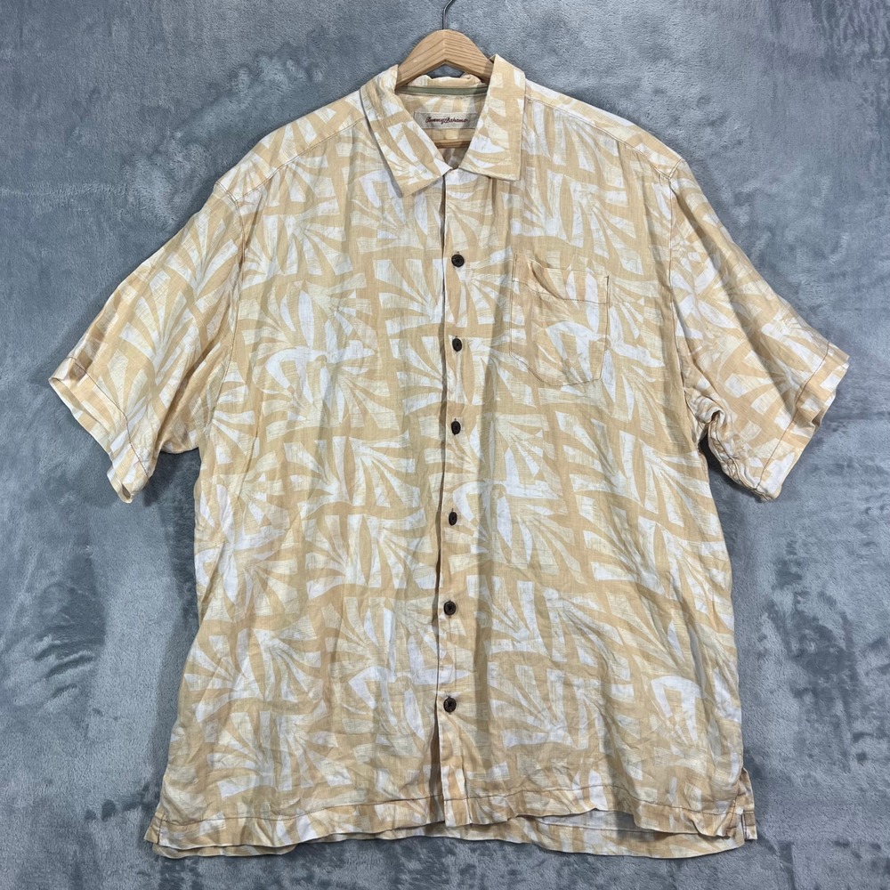 Tommy Bahama 100% Linen Button Shirt Mens XL Tan Floral Short Sleeve Relaxed Fit